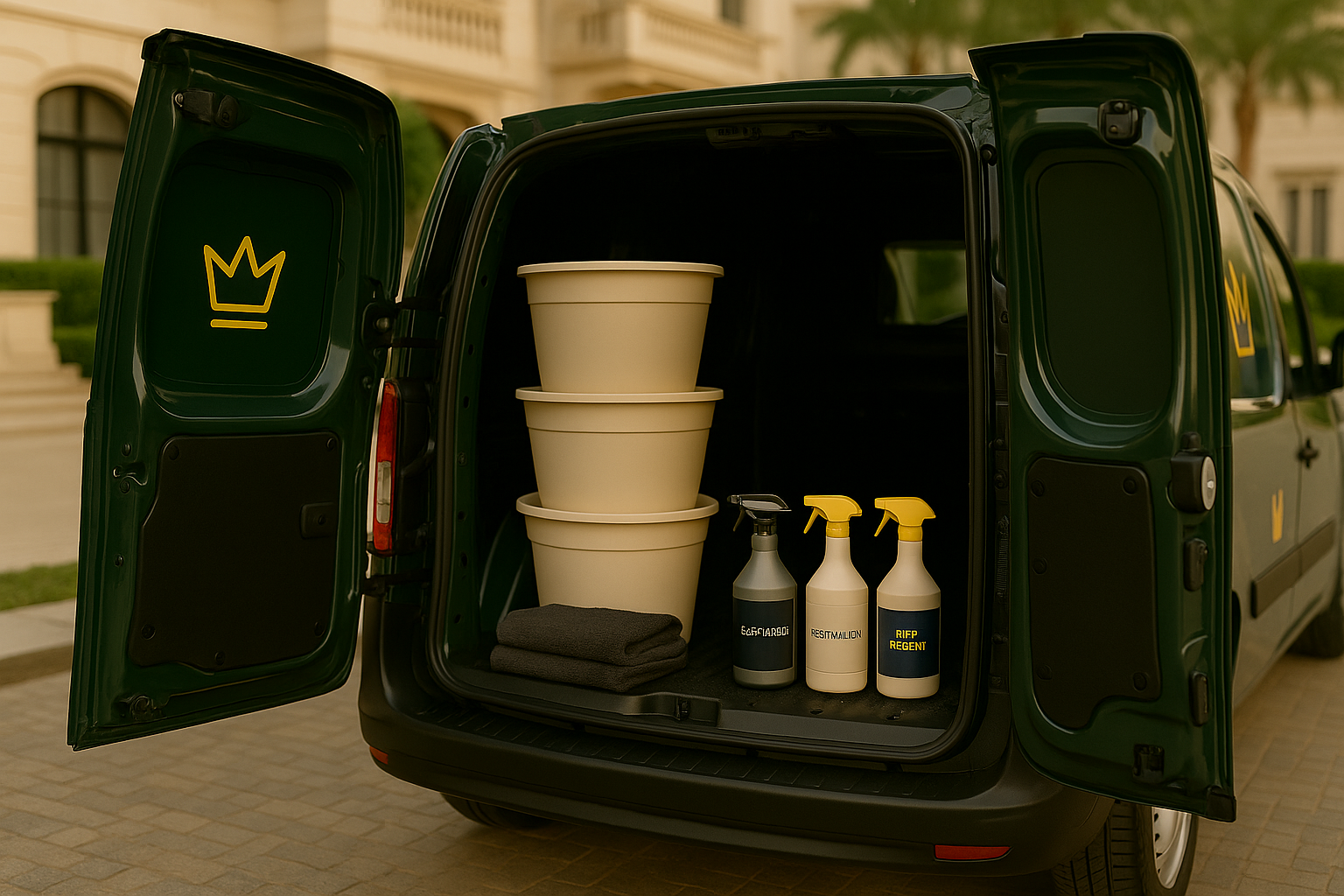 Van Mônaco com produtos de limpeza premium organizados