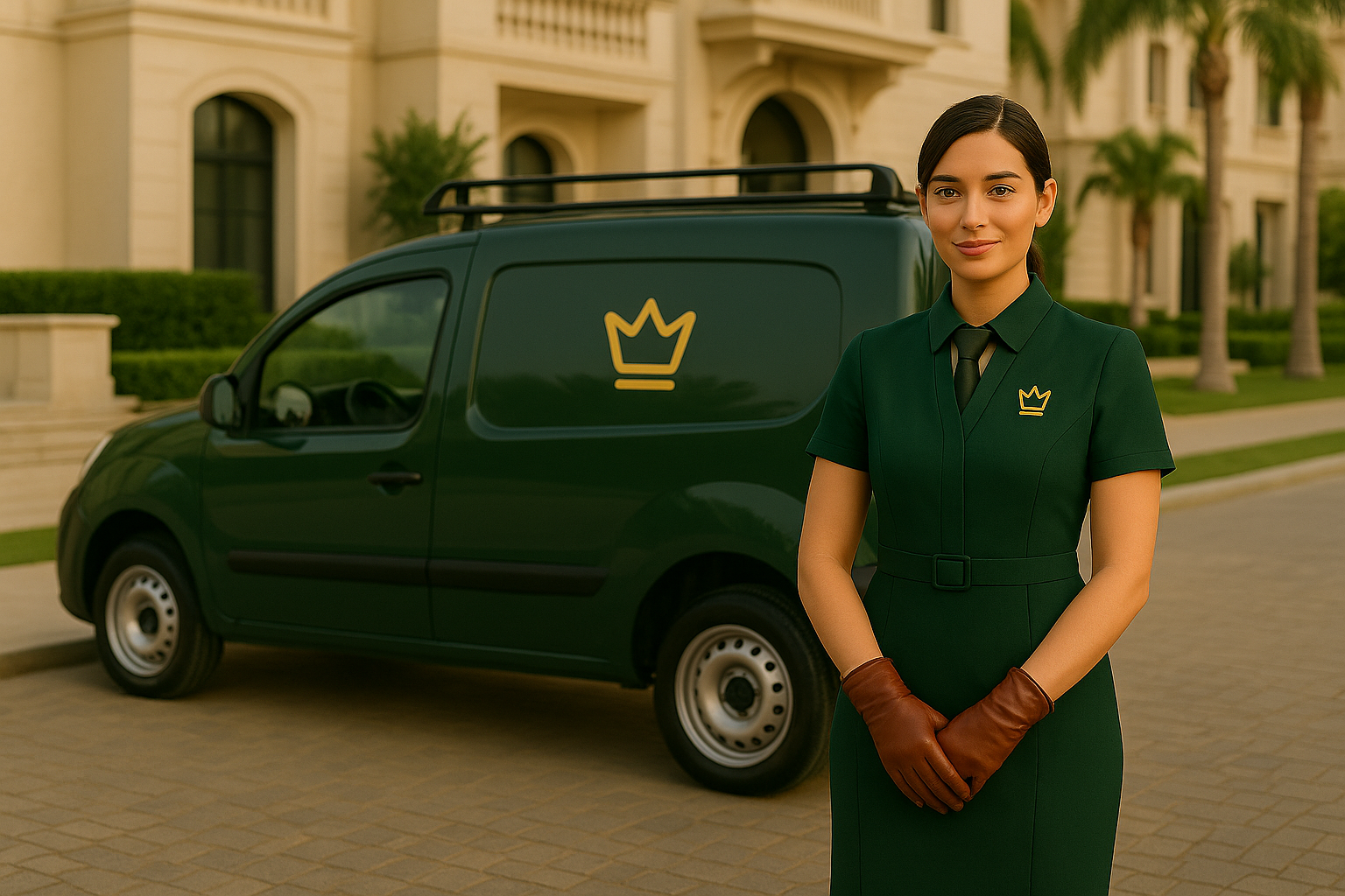 Profissional Mônaco em frente à van de serviço em uma residência elegante